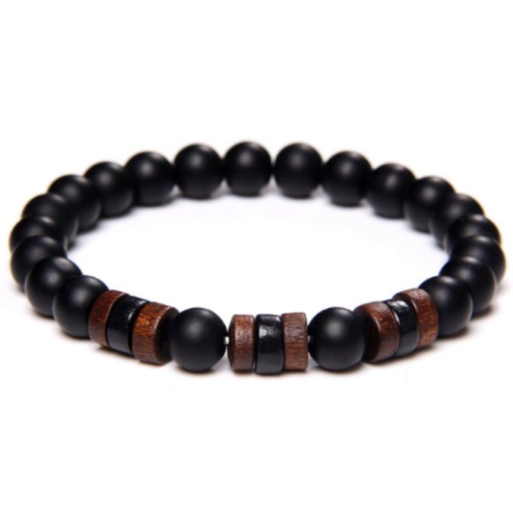 Onyx Bracelet,Black Onyx and Wooden Beads,Mens Bracelet,Black Stone Bracelet - Picture 1 of 1